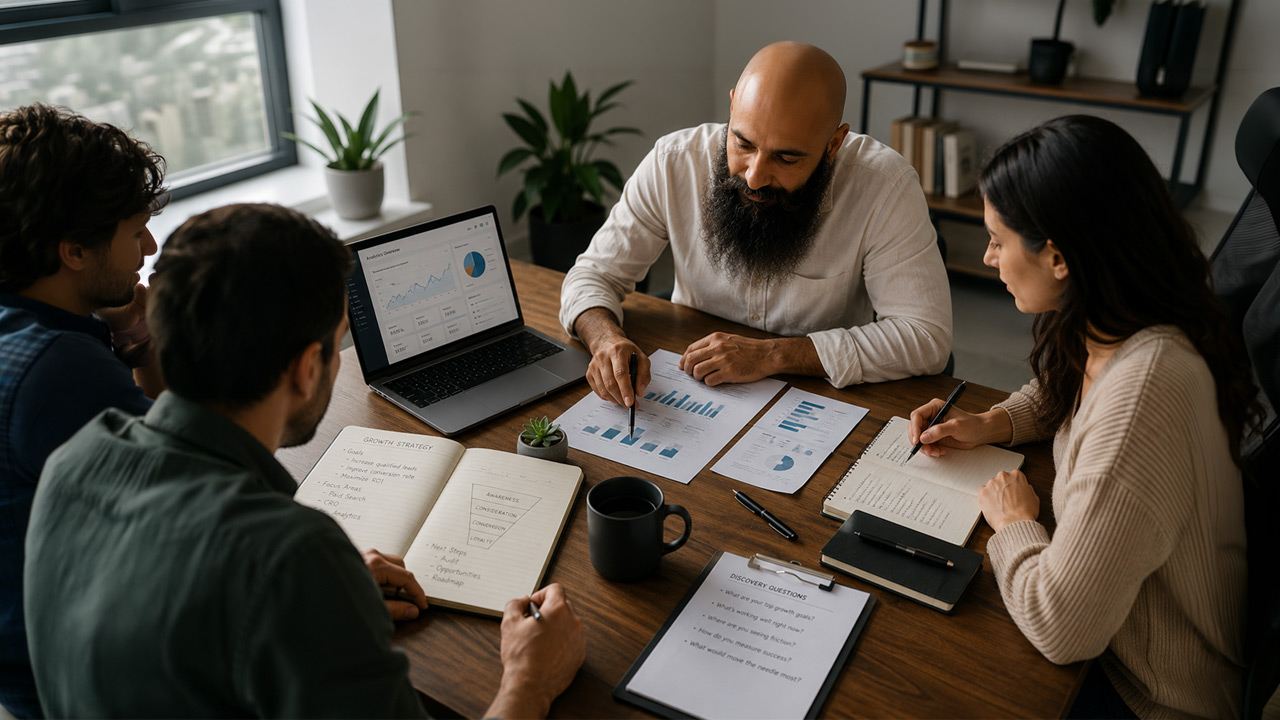 Marketing strategy team analyzing business performance and growth opportunities